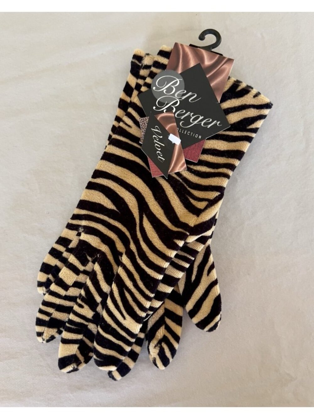 Vtg 1999 Ben Berger Velvet Zebra Stripe Gloves NWT Deadstock Y2K Animal Print
